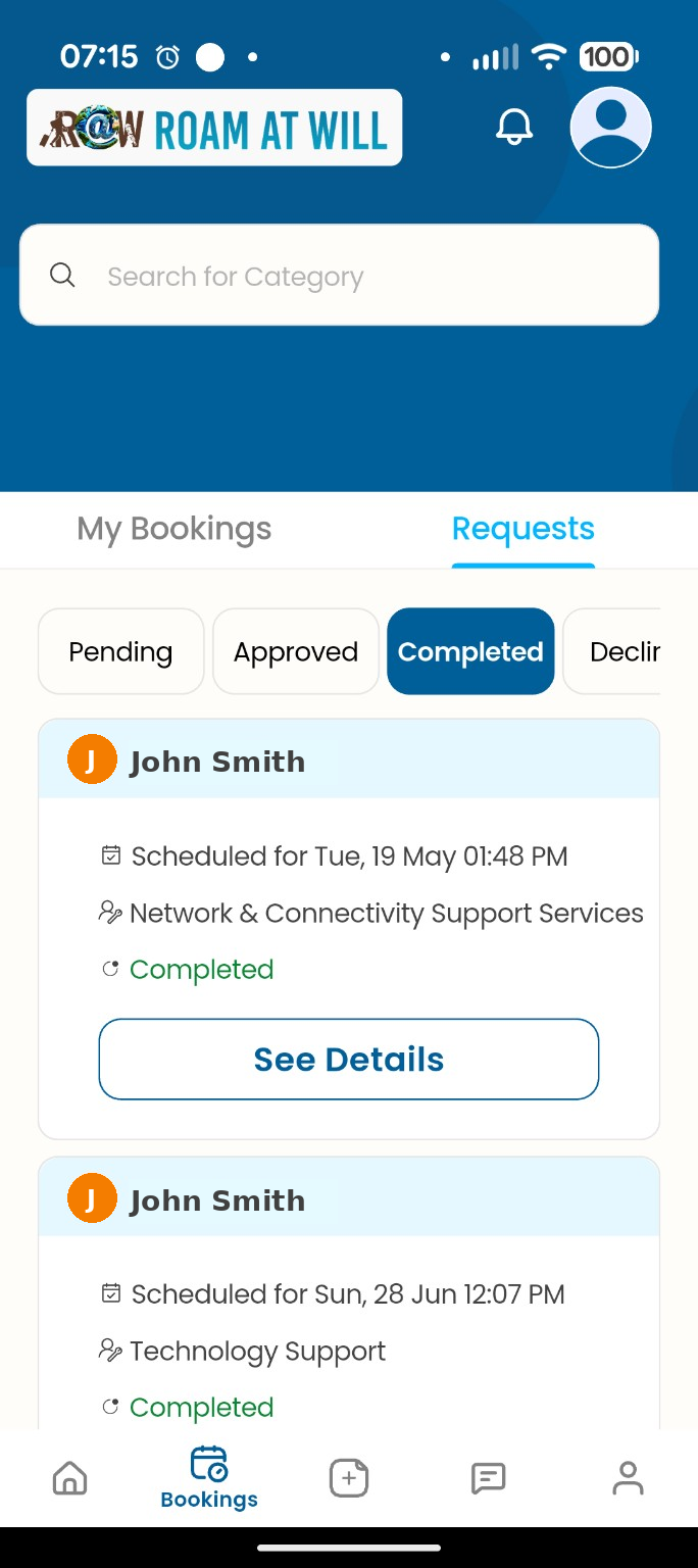 R@W booking request screen showing John Smith completed request