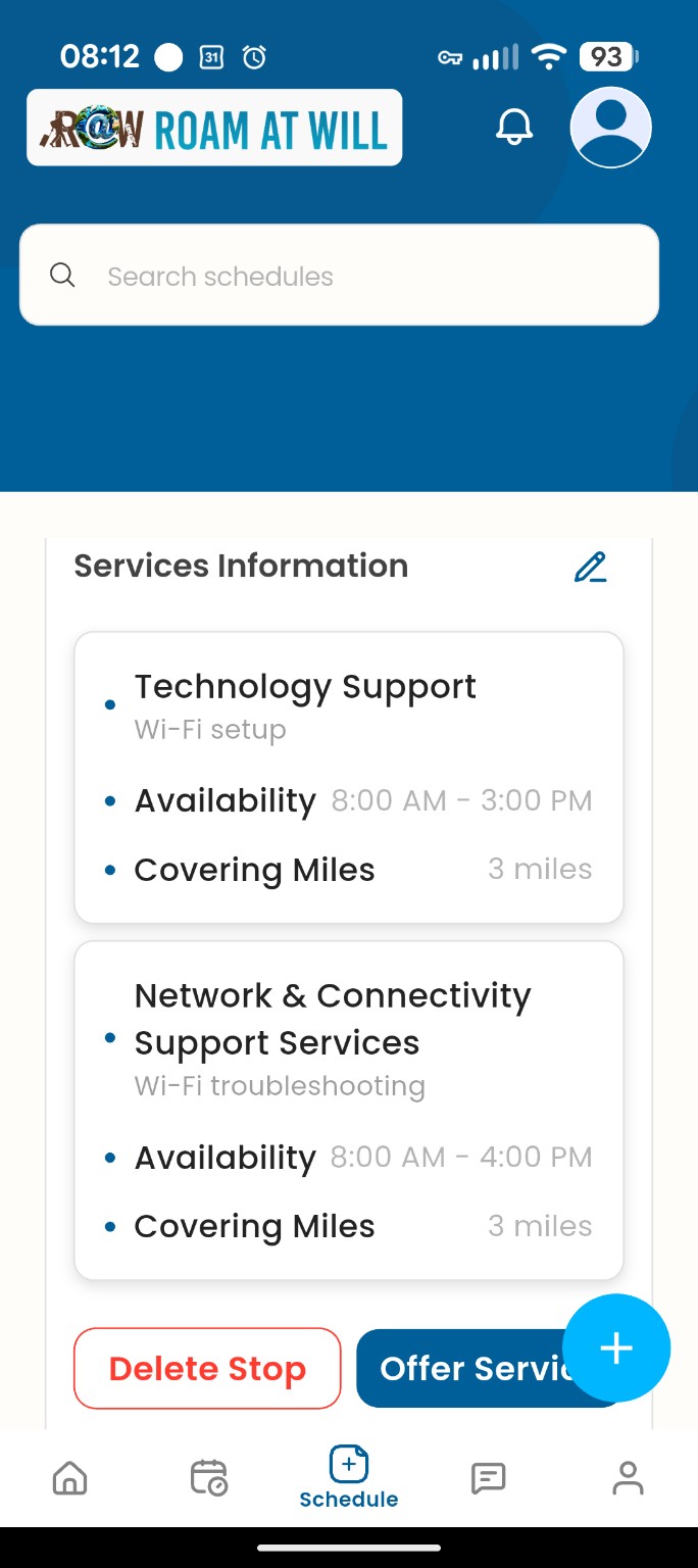 R@W app screen showing services offered by travel stop
