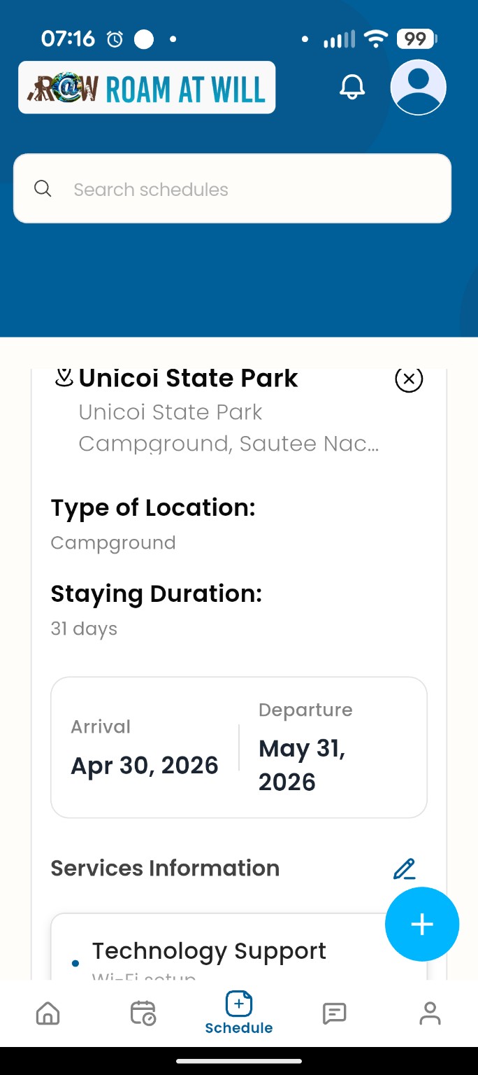 R@W schedule details screen with services information