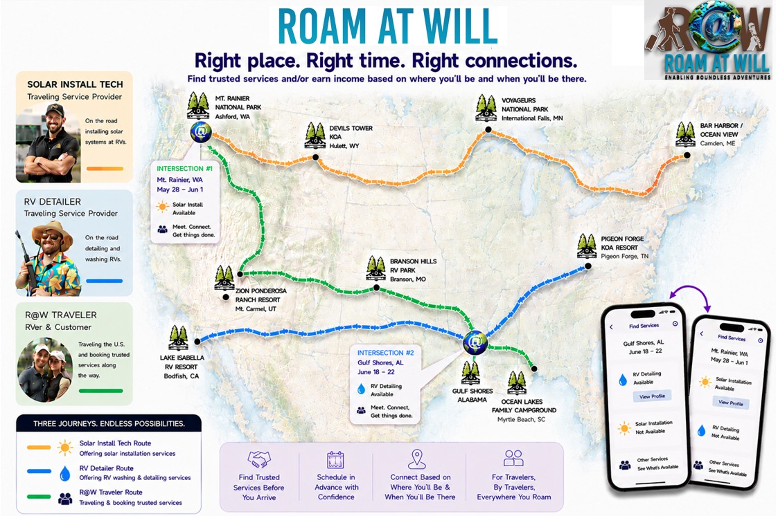 R@W map infographic showing traveling service providers, traveler routes, and service intersections